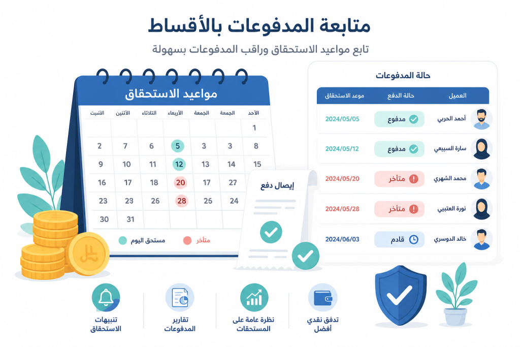 مقارنة بين دفتر أقساط ورقي وشاشة برنامج إدارة الأقساط
